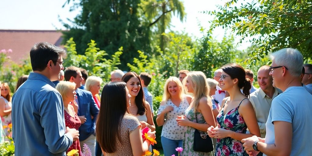 Vibrant garden party with diverse individuals mingling and smiling.