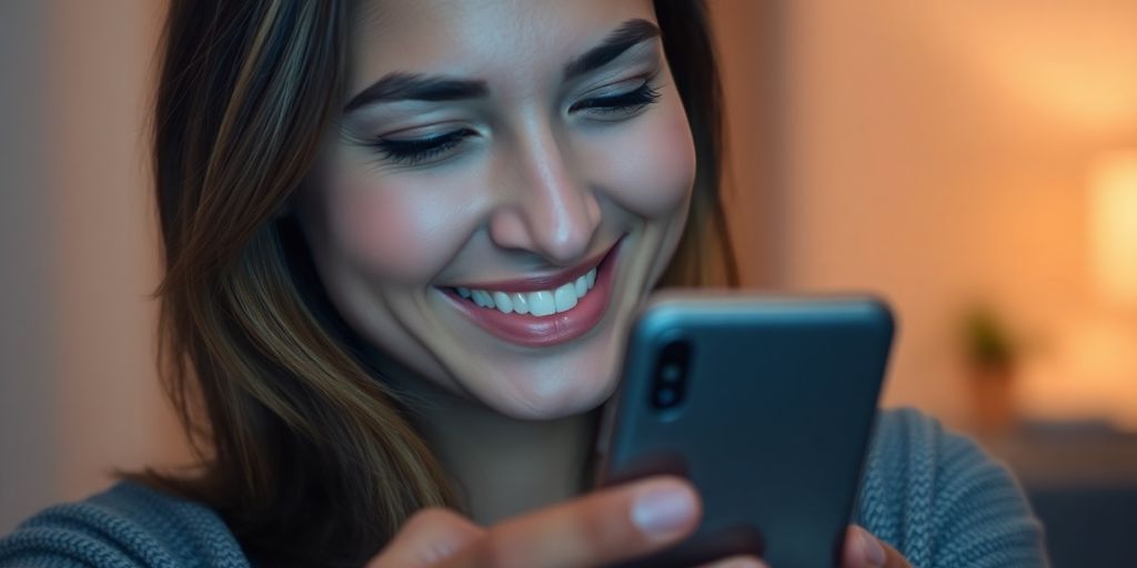 Woman smiling, holding a phone, looking confident.