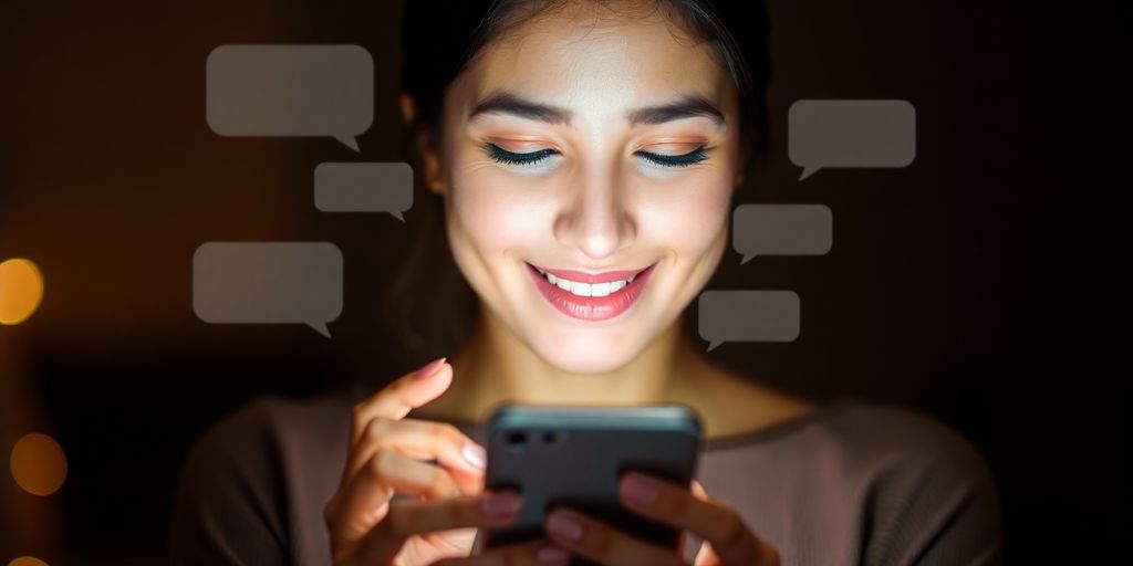 Woman smiling, holding a phone with glowing chat bubbles.
