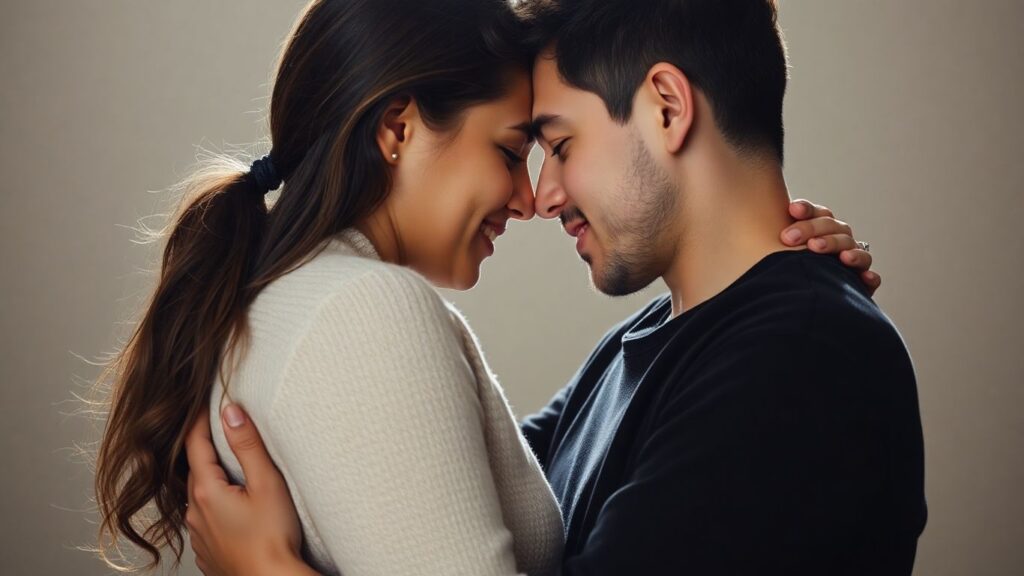 Couple in close embrace, balancing connection and personal space.