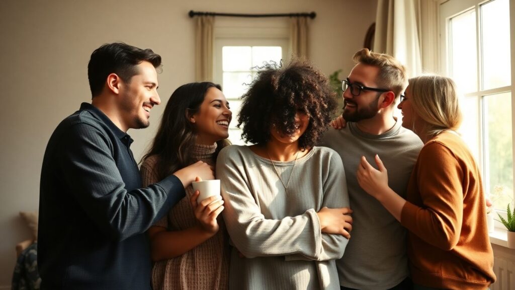 Diverse couples and friends sharing happy moments together.
