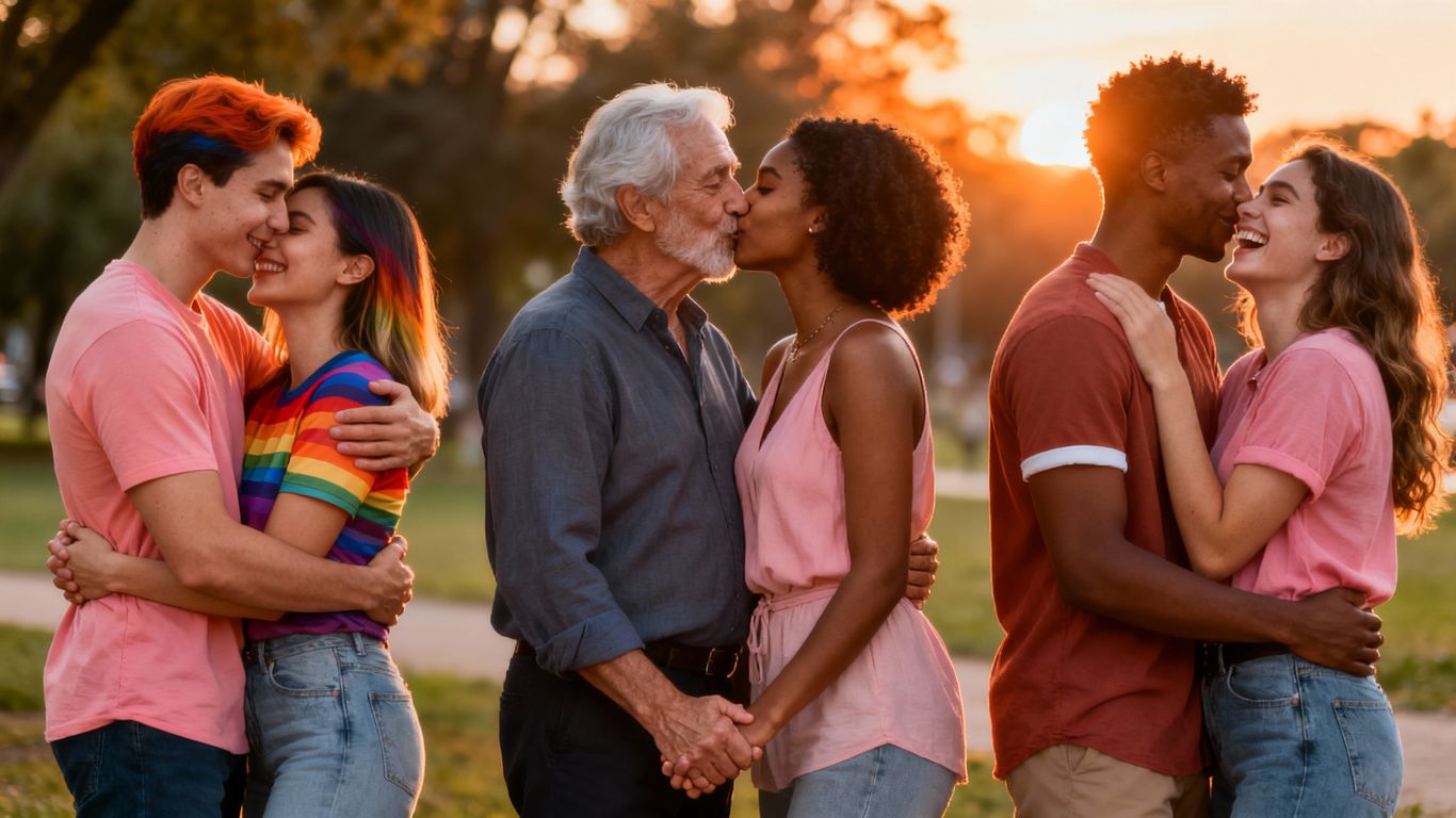 Diverse couples in affectionate poses, showing different forms of love.