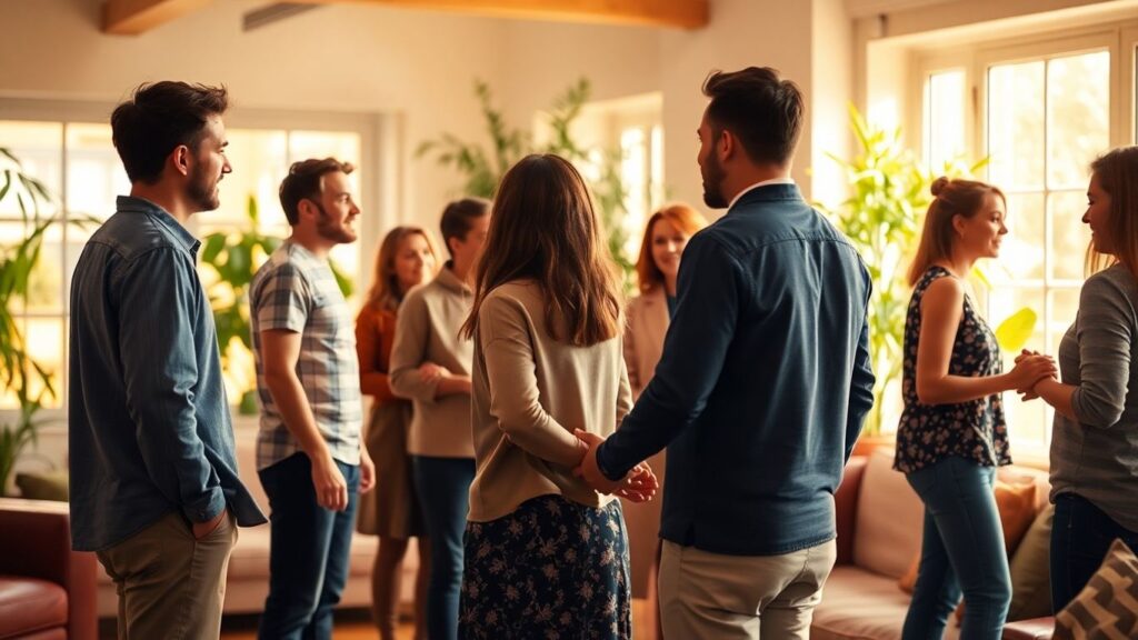 Diverse group in a warm, intimate setting, connecting.