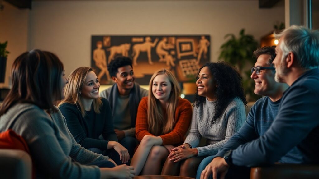 Diverse group in conversation, conveying connection and understanding.