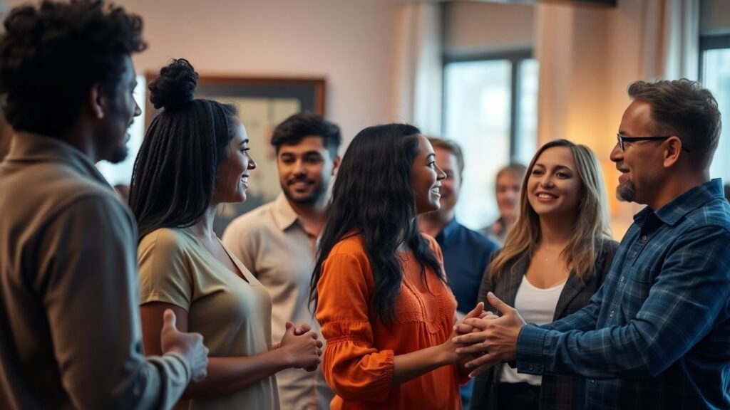 Diverse group in intimate setting, communicating openly.