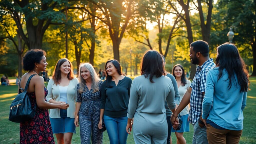 Diverse group in park, connected and relaxed.