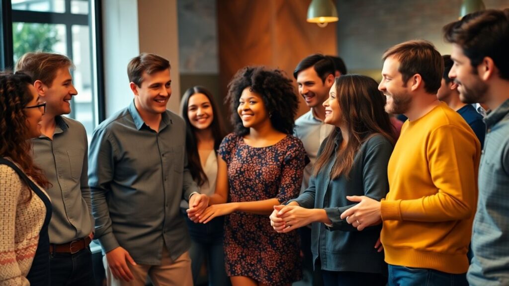 Diverse group of people connecting in a warm, intimate setting.