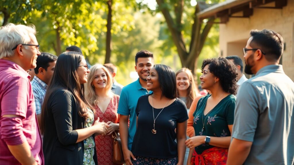Diverse group sharing smiles and conversation outdoors.
