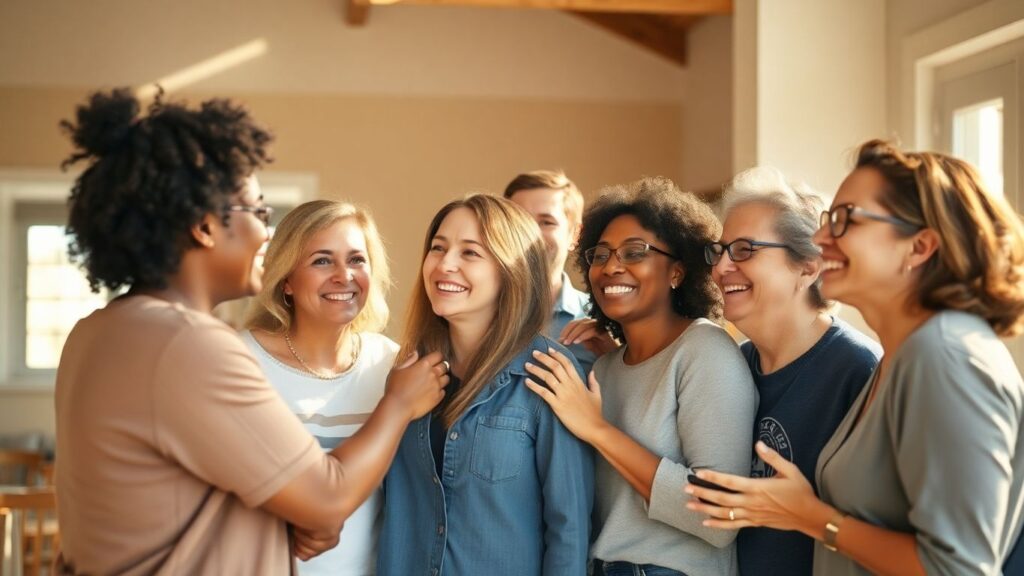Diverse group sharing smiles and embraces in a sunlit room.
