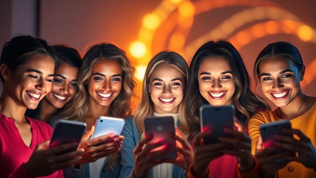 Diverse people connecting on dating apps for polyamory.