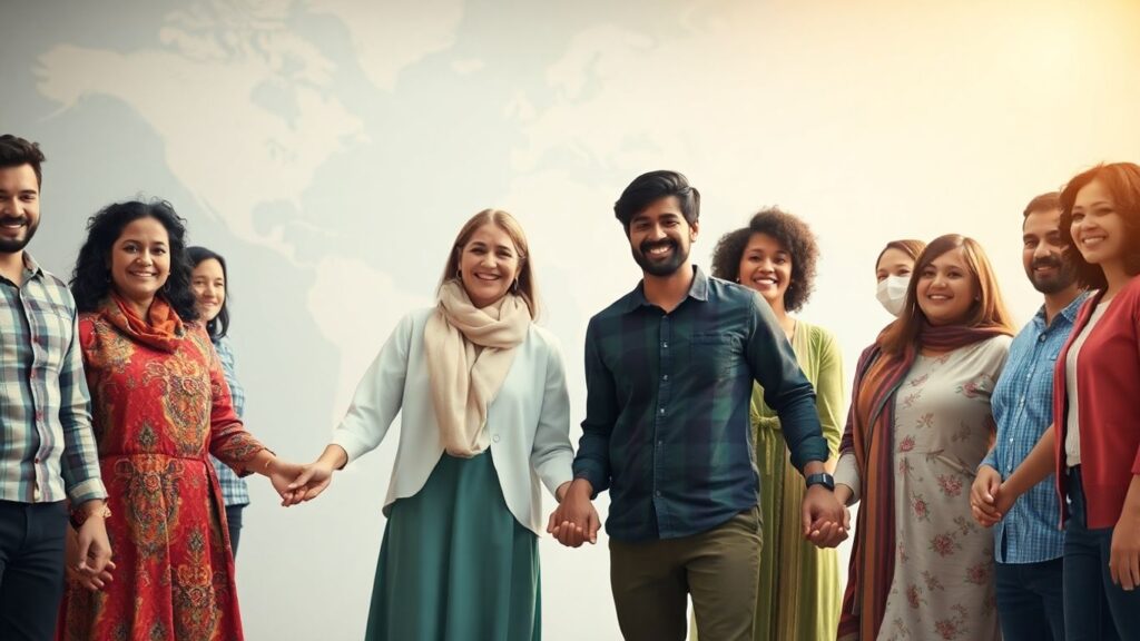 Diverse people holding hands with a blurred world map background.