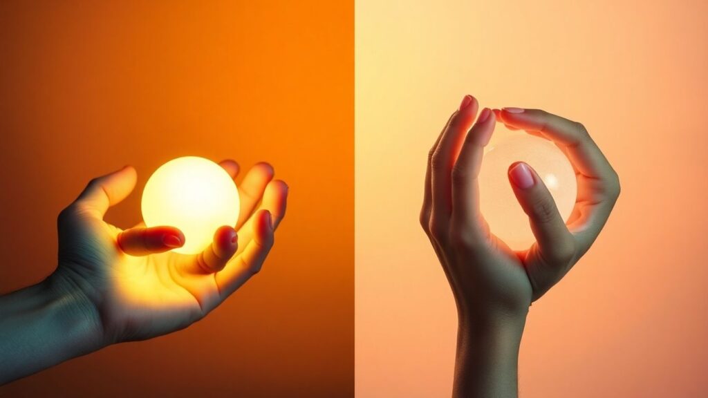 Hands balancing separate and shared glowing orbs.