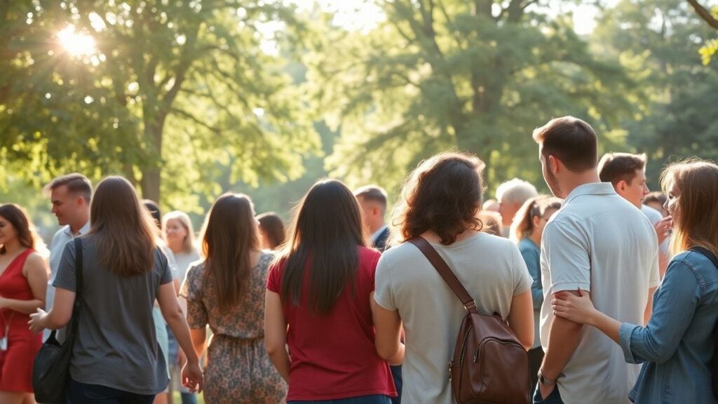 People connecting in a park, showing diverse relationships.