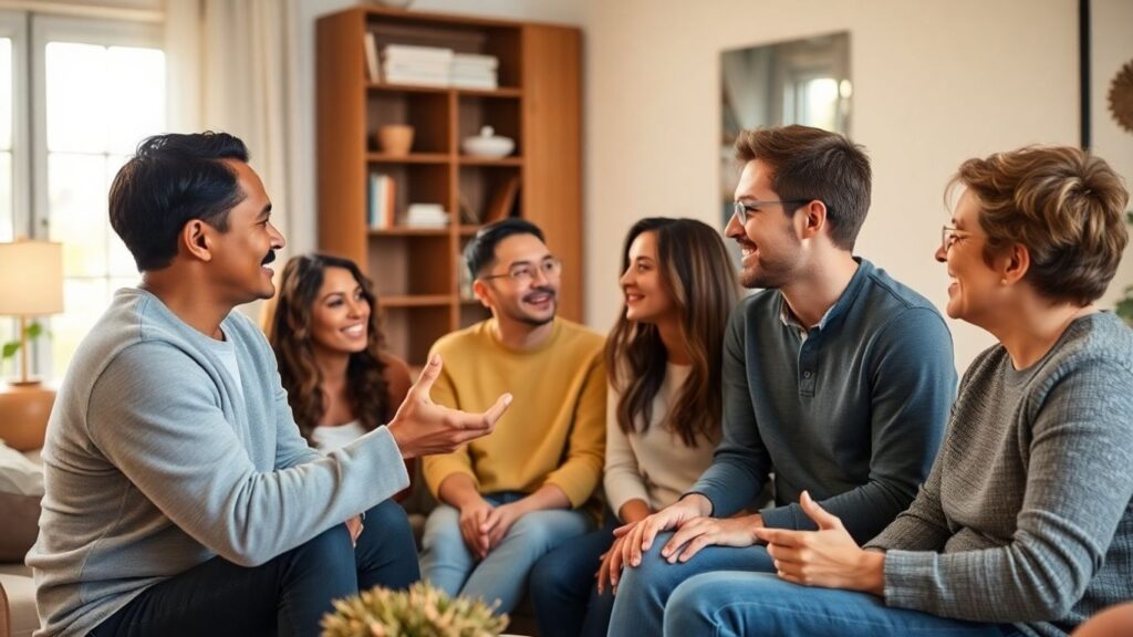 People in a living room discussing flexible love.