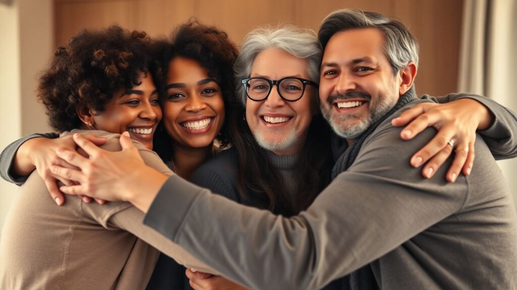 People in a warm, connected embrace showing affection.