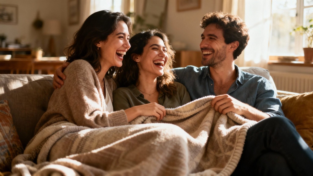 Smiling friends cuddled up on the couch
