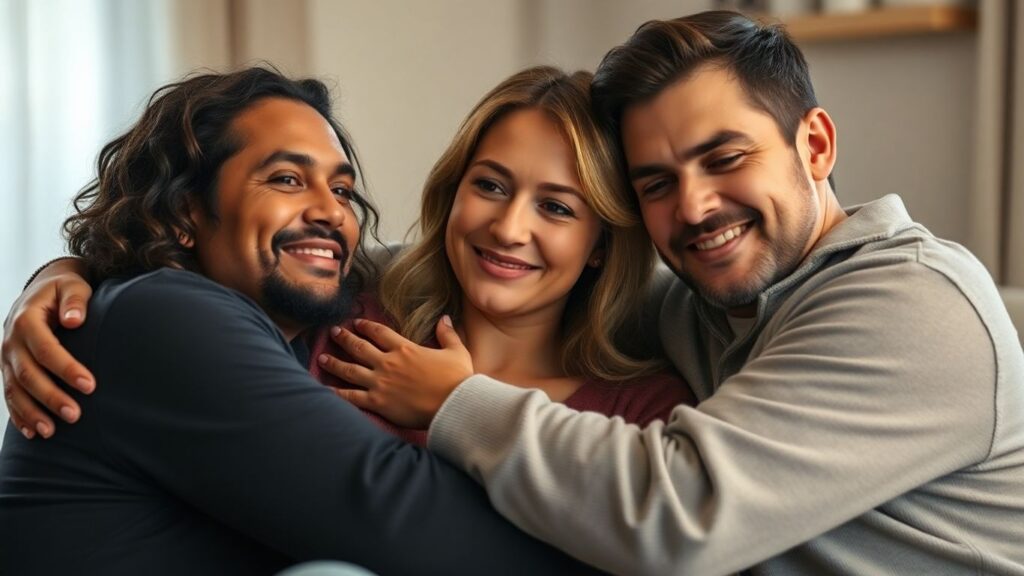 Three people embracing, conveying secure connection in polyamory.