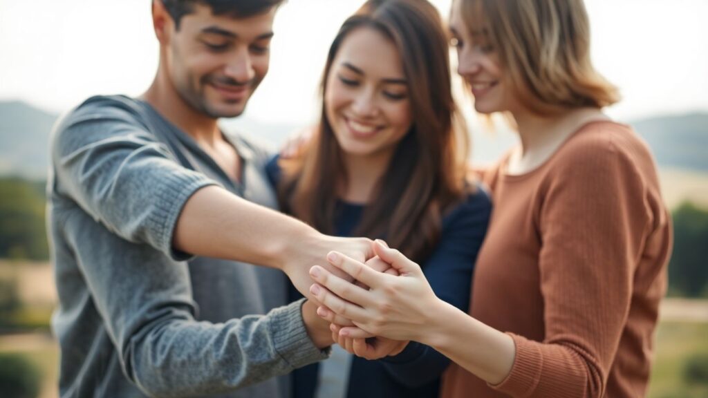 Three people embracing, showing connection in polyamory.