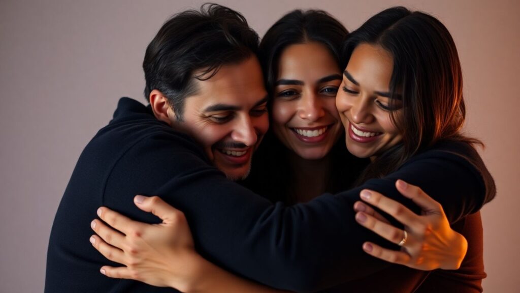Three people embracing, showing emotional connection in a relationship.