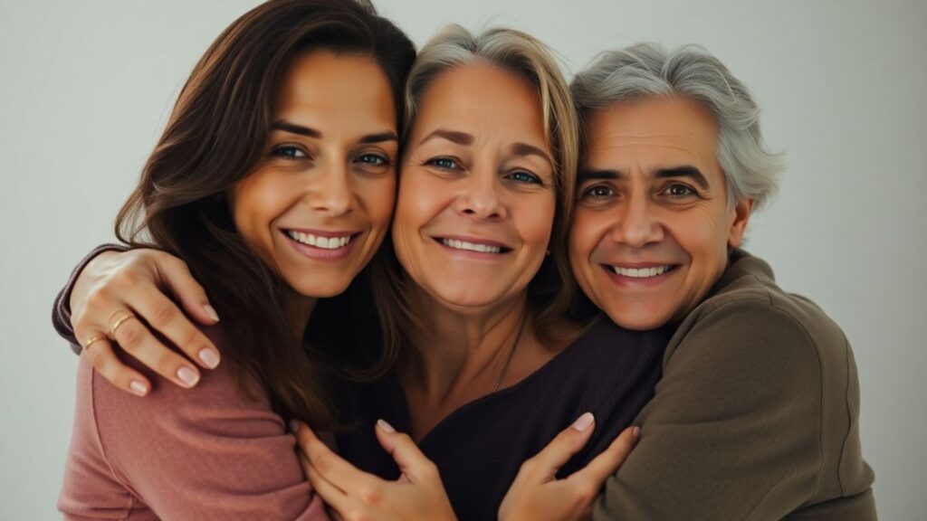 Three people in a close, emotional embrace.