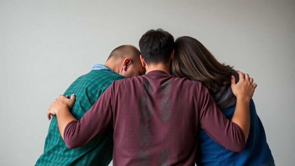 Three people in a close, interconnected embrace.