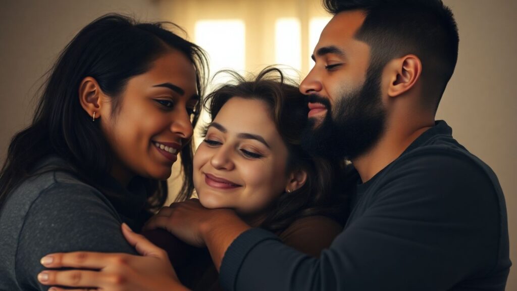 Three people in a close, intimate embrace.