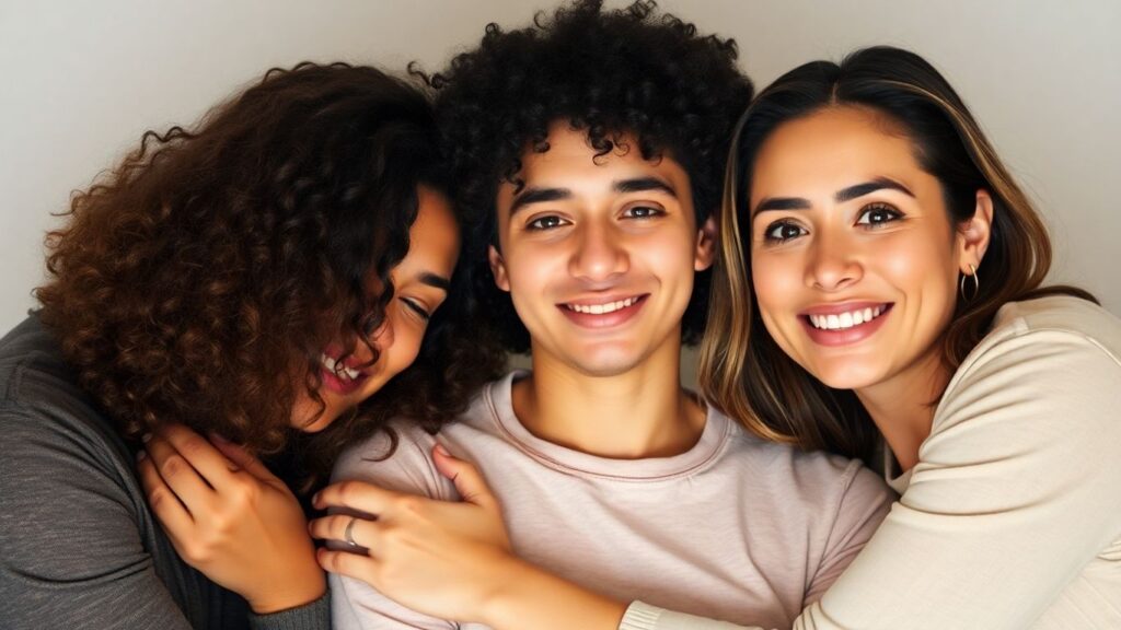 Three people in a connected embrace.