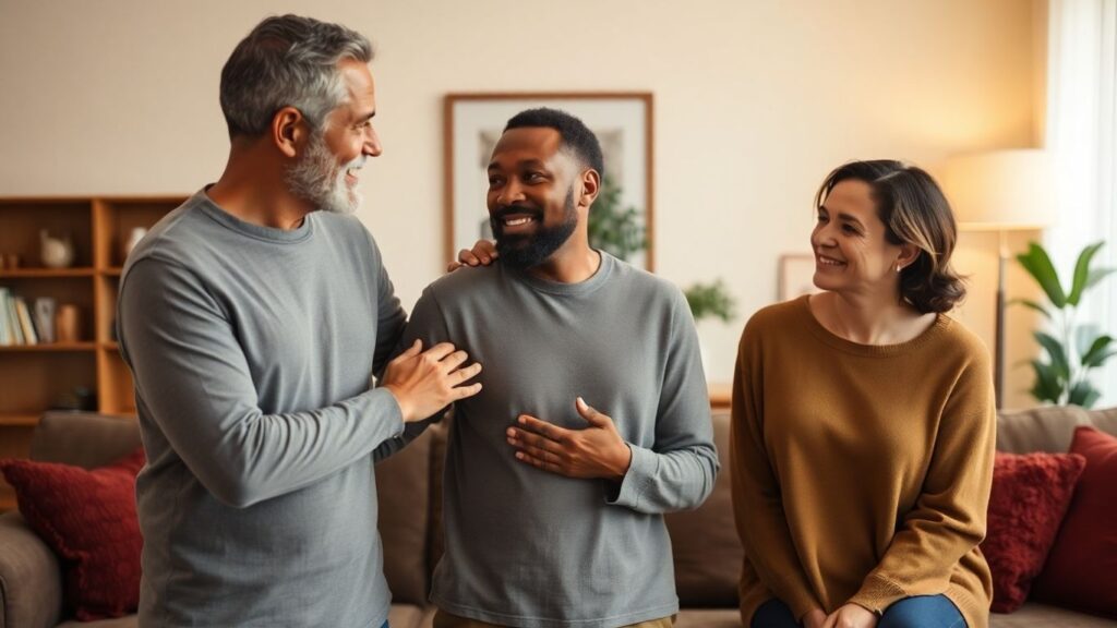 Three people in a living room, showing connection.