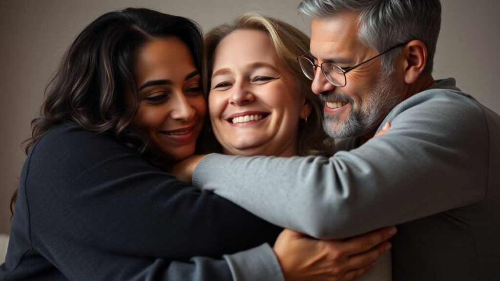 Three people in a loving, connected embrace.