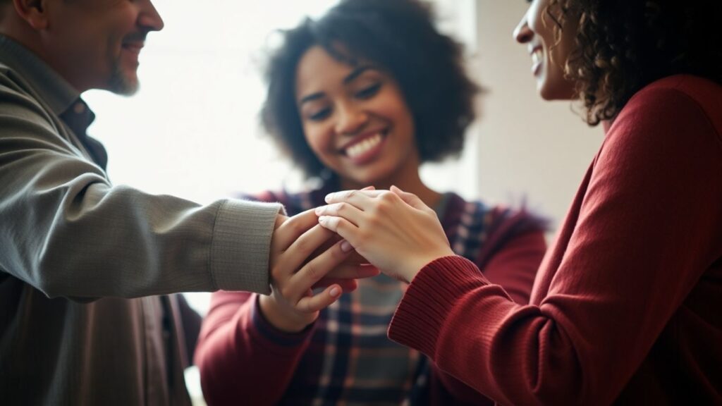 Three people in a loving embrace, hands connected.