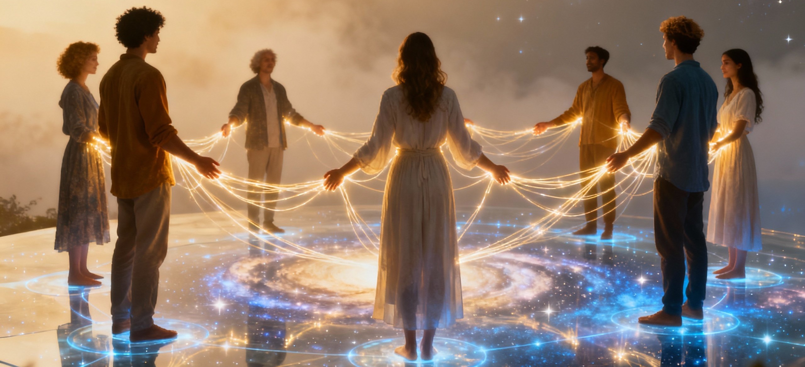 A radiant network of celestial bodies intertwined with multiple human figures, illustrating the harmony of polyamory.