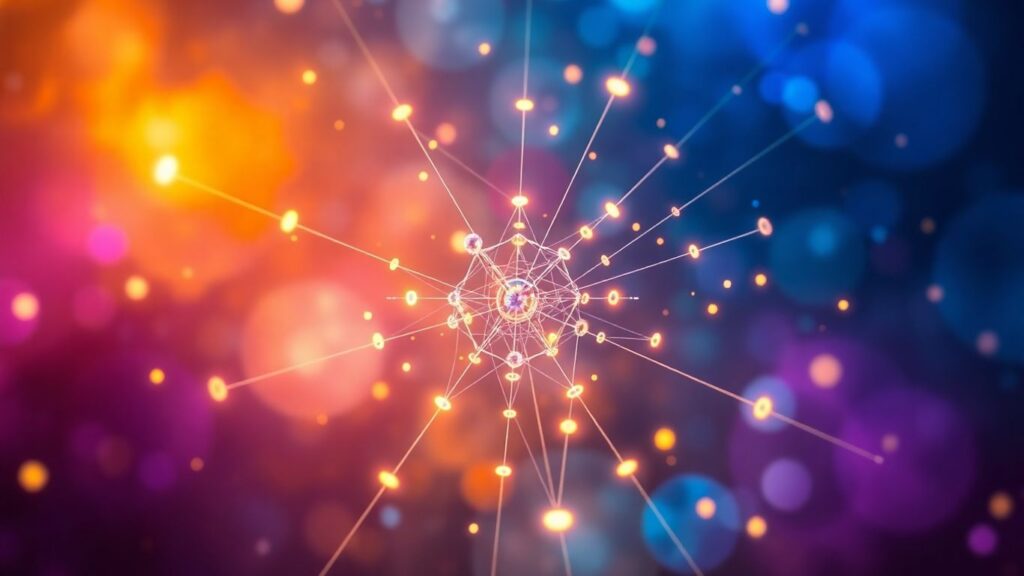 Abstract geometric shapes and glowing points forming a constellation.