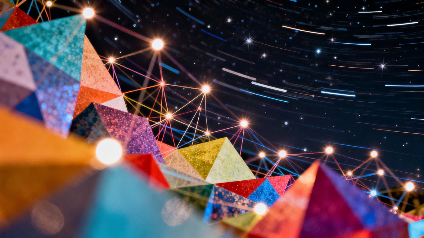 Abstract geometric shapes and glowing points of light.