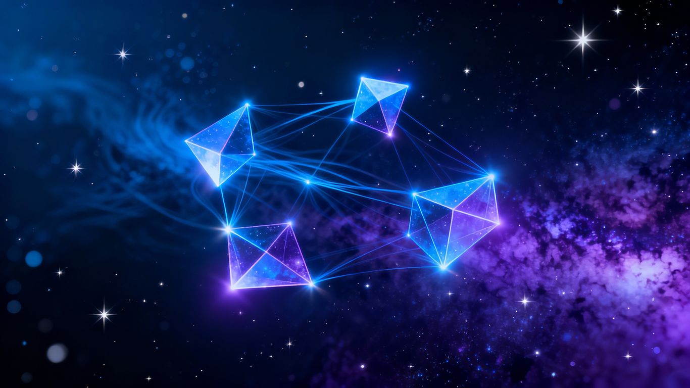 Abstract glowing geometric shapes forming a constellation in space.