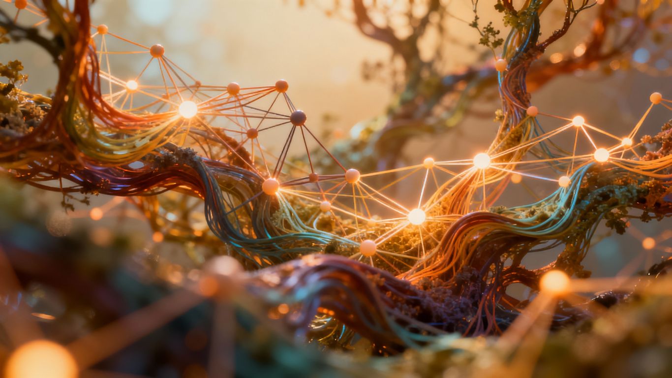 Abstract network of colorful, interconnected nodes.