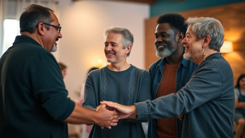 Ambiamorous couple holding hands, diverse group, warm lighting.