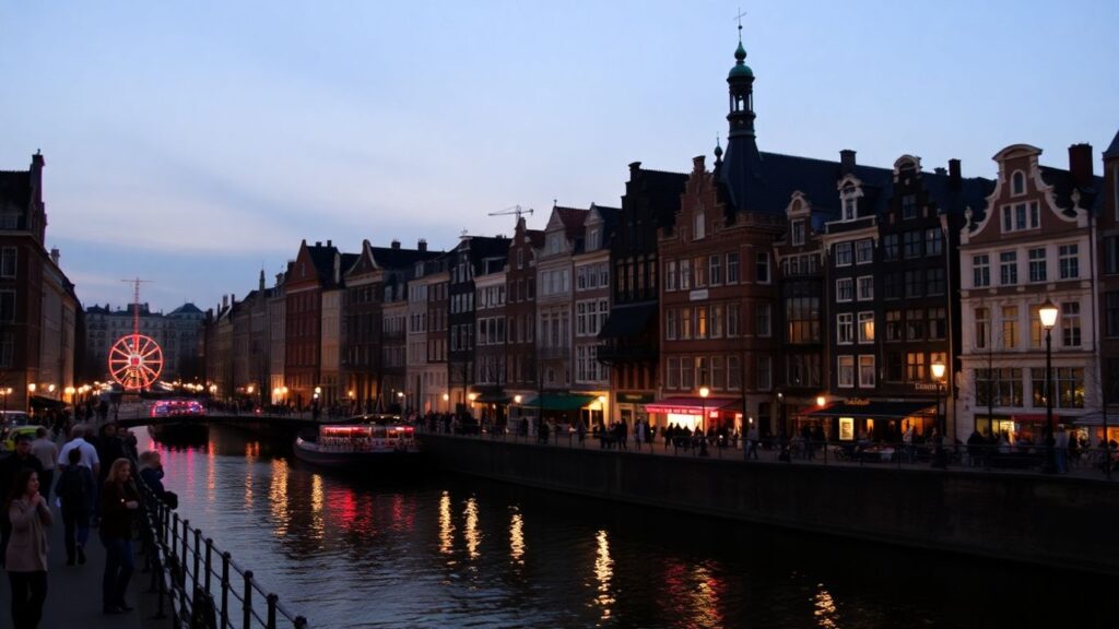 Amsterdam canals at dusk with people enjoying the city.