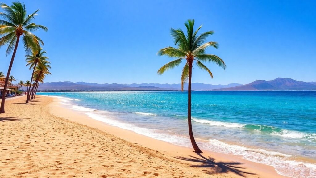 Beach in Gran Canaria with palm trees and ocean.