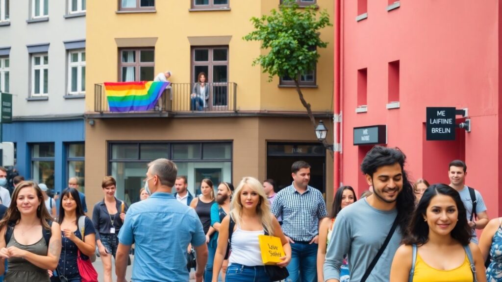 Berlin street with diverse people and rainbow flag.