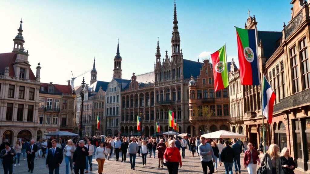 Brussels cityscape with Atomium and Grand Place.