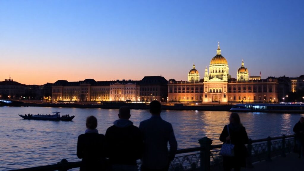 Budapest cityscape with illuminated Parliament and Danube River.