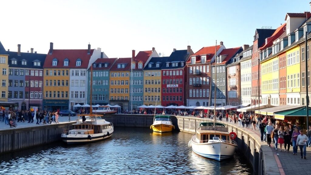 Copenhagen cityscape with canals and colorful buildings.