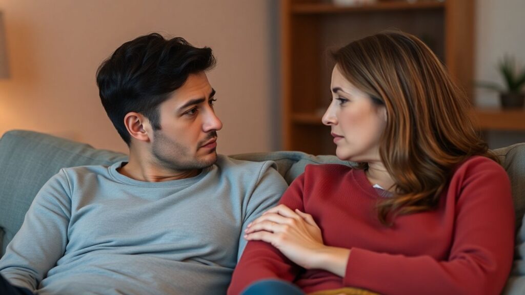 Couple discussing relationship issues on a couch.