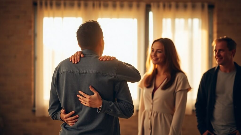 Couple embracing, another couple observing, modern relationship