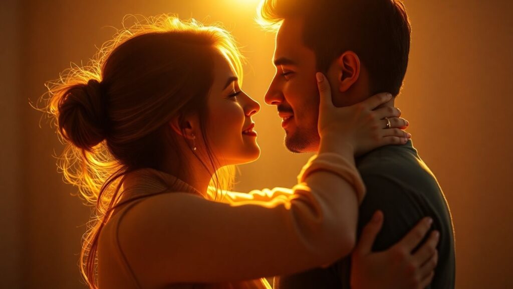 Couple embracing, conveying emotional and physical intimacy.