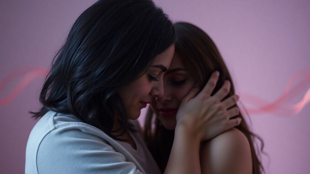 Couple embracing, conveying intimacy and fluidity.