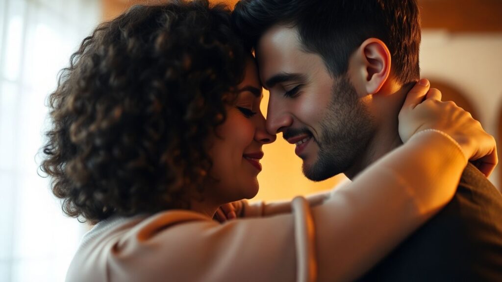 Couple embracing, conveying intimacy and understanding.