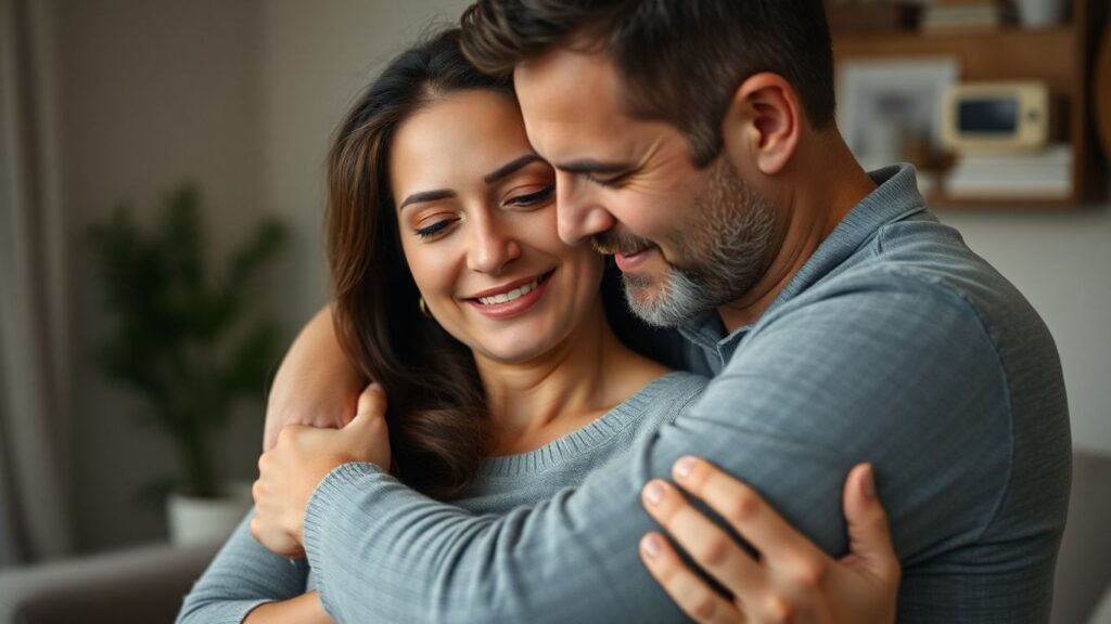 Couple embracing, conveying trust and intimacy in a domestic setting.