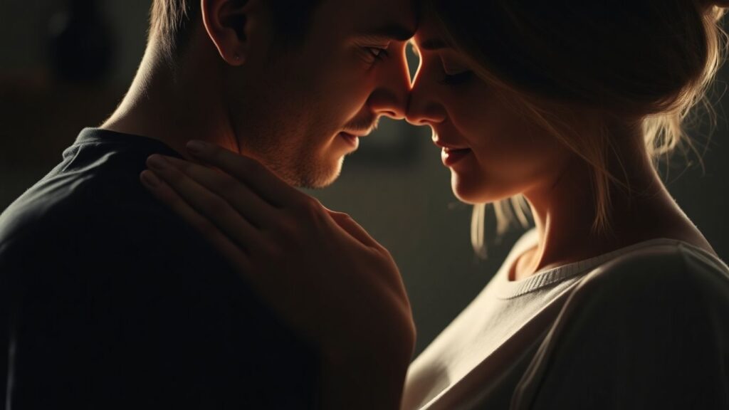 Couple embracing, hands intertwined, conveying trust and intimacy.