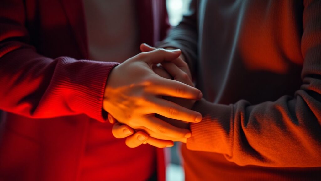 Couple embracing, hands intertwined, soft lighting.